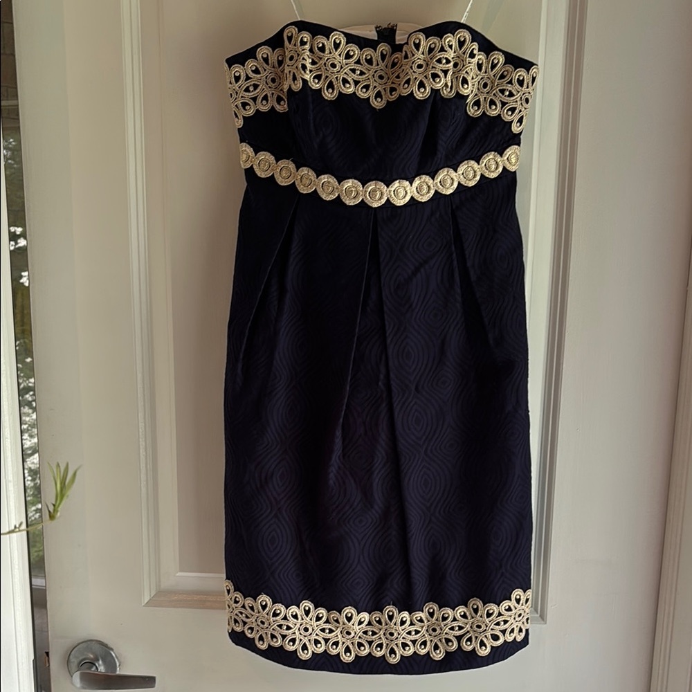 Blue and Gold Appliqué Strapless Dress